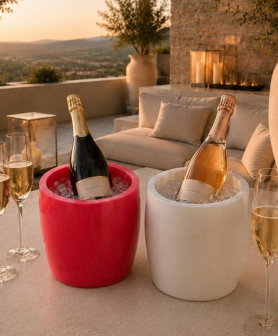 Hieleras MARA de resina rosa y blanca con botellas de champaña
